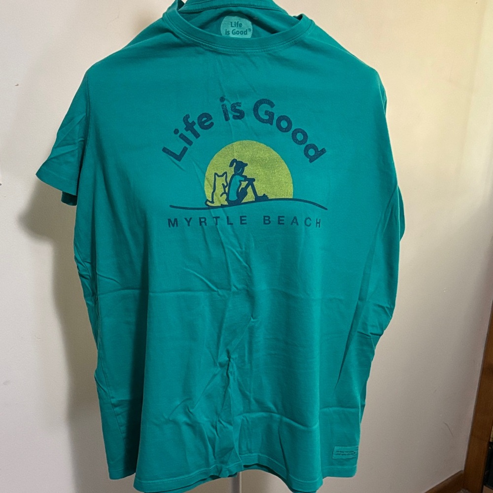 Life Is Good Teal Myrtle Beach Graphic Tee with Yellow Sun